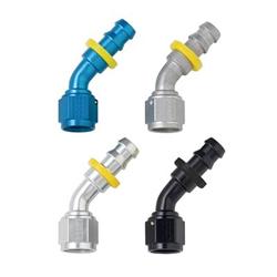 Fitting, Hose End, Socketless, 45 Degree, -8 AN Hose to Female -8 AN, Aluminum, Red/Blue Anodized, Each
