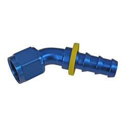 Fitting, Hose End, Socketless, 45 Degree, -10 AN Hose to Female -10 AN, Aluminum, Red/Blue Anodized, Each