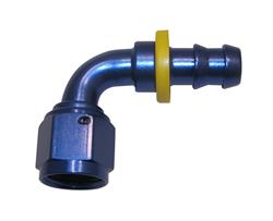 Fitting, Hose End, Socketless Barb, 90 degree, -8 AN Hose Barb To Female -10 AN, Aluminum, Blue Anodized, Each