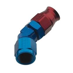 Fitting, Hose End, P.T.F.E., 45 Degree, -3 AN Hose to Female -3 AN, Aluminum, Red/Blue Anodized, Each