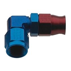 Fitting, Hose End, P.T.F.E., 90 Degree, -3 AN Hose to Female -3 AN, Aluminum, Red/Blue Anodized, Each