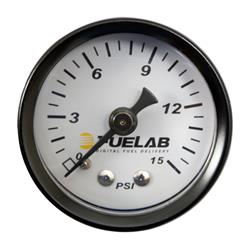 Gauge, Fuel Pressure, 0-15 psi, 1 1/2 in. Diameter, Analog, Full Sweep, Mechanical, White Face, Black Bezel, Each