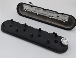 Valve Cover, Centerbolt, Stock Height, Plan, Cast Aluminum, Black, Baffled, Gaskets Included, Pair