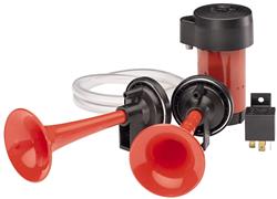 Horn, Twin Tone Air Horns, LowTone and High Tone Horns, 12 V, 118 dB, Red, Kit