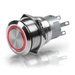 Electrical Switches, Stainless Steel Push Button Off-On Switches, Constant, Single Throw, Red Lighted, Polished, Each