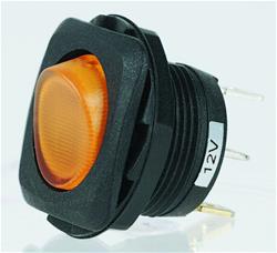 Switch, Rocker, Constant, Single Pole, Single Throw, Amber Lighted, 20 amps, Round, Flush Mount, Plastic, Each