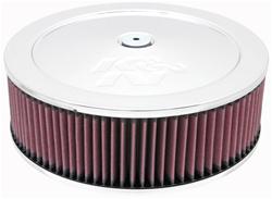 Air Cleaner Assembly, Round, 11.00 in., Steel Top, Chrome, K&N Logo, Raised Base, 0.50 in., 7.31 in. Inlet, Cotton Gauze Filter, 3.50 in., Red, Each