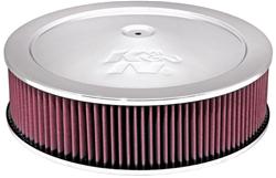Air Cleaner Assembly, Round, 14.00 in., Steel Top, Chrome, K&N Logo, Dropped Base, 1.25 in., 5.13 in. Inlet, Cotton Gauze Filter, 4.00 in., Red, Each