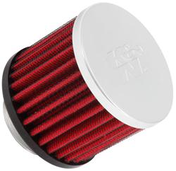 Valve Cover Breather, Crankcase Vent, Clamp-On, Round, Rubber Base, Chrome Top, K&N Logo, Base Tube 1.375 in. ID, Each