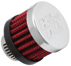 Valve Cover Breather, Crankcase Vent, Clamp-On, Round, Rubber Base, Chrome Top, K&N Logo, Base Tube .563 in. ID, Each