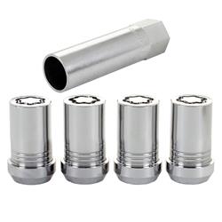 Lug Nuts, Locking, Conical Seat, Bulge, 14mm x 1.50 RH, Tuner Style, Steel, Chrome, Set of 4