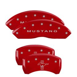 Brake Caliper Covers, Bolt-on, Aluminum, Red, Mustang Logo Front, Mustang Pony Logo Rear, Ford, Set of 4