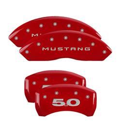 Caliper Covers, Aluminum, Red Powdercoat, Mustang 5.0 Logo, Ford, Set of 4