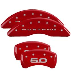 Brake Caliper Covers, Bolt-on, Aluminum, Red Powdercoated, Mustang Logo Front, 5.0 Logo Rear, Ford, Set of 4