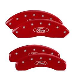 Set of 4 caliper covers, Engraved Front and Rear: Ford Oval Logo, Red powder coat finish, silver characters