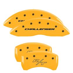 Set of 4 caliper covers, Engraved Front: Block/Challenger - Engraved Rear: Vintage Style/RT, Yellow powder coat finish, black characters