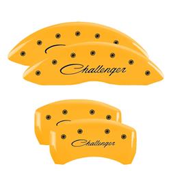 Set of 4 caliper covers, Engraved Front and Rear: Cursive/Challenger, Yellow powder coat finish, black characters