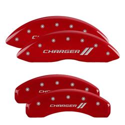 Brake Caliper Covers, Bolt-on, Aluminum, Red Powdercoated, Charger II Logo, Dodge, Set of 4