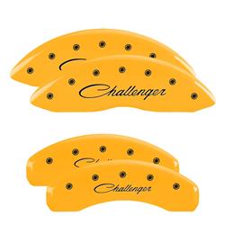 Brake Caliper Covers, Engraved Front and Rear: Cursive/Challenger, Yellow powder coat finish, black characters