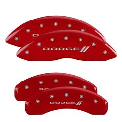 Brake Caliper Covers, Bolt-on, Aluminum, Red Powdercoated, Dodge II Logo, Dodge, Set of 4