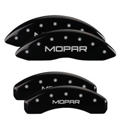 Set of 4 caliper covers, Engraved Front and Rear: MOPAR, Black powder coat finish, silver characters.