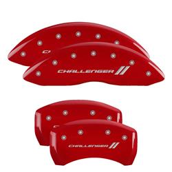 Brake Caliper Covers, Bolt-on, Aluminum, Red Powdercoated, Challenger II Logo, Dodge, Set of 4