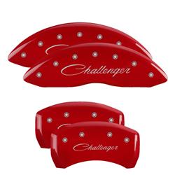 Brake Caliper Covers, Bolt-on, Red, Challenger Logo Front, Challenger Cursive Logo Rear, Dodge, Set of 4