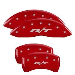 Brake Caliper Covers, Bolt-on, Aluminum, Red Powdercoated, RT1 Truck Logo, Fits Dual Piston BR5 Front Caliper, Dodge, Set of 4