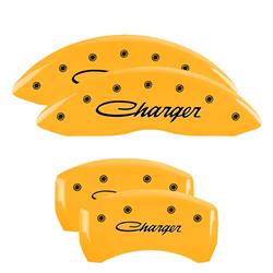 Brake Caliper Covers, Engraved Front and Rear: Cursive/Charger, Yellow powder coat finish, black characters