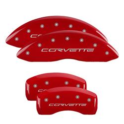 Brake Caliper Covers, Bolt-on, Aluminum, Red Powdercoated, Corvette Logo Front, C6 Logo Rear, Chevy, Set of 4