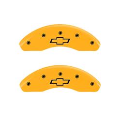 Front set 2 caliper covers, Engraved Front: Bowtie, Yellow powder coat finish, black characters