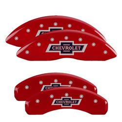 Brake Caliper Covers, Clip-on, Aluminum, Red Powdercoated, 100 Anniversary Chevrolet Logo, Chevrolet, Set of 4