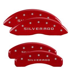 Brake Caliper Covers, Clip-on, Aluminum, Red Powdercoated, Silverado Logo, Chevy, Set of 4