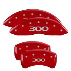 Set of 4 caliper covers, Engraved Front and Rear: 300, Red powder coat finish, silver characters.