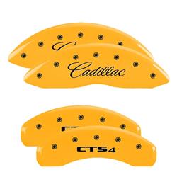 Brake Caliper Covers, Engraved Front: Cursive/Cadillac - Engraved Rear: CTS4, Yellow powder coat finish, black