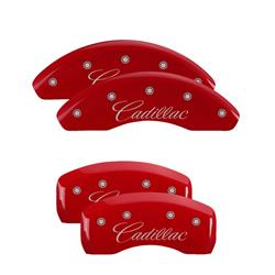 Set of 4 caliper covers, Engraved Front and Rear: Cursive/Cadillac, Red powder coat finish, silver characters.