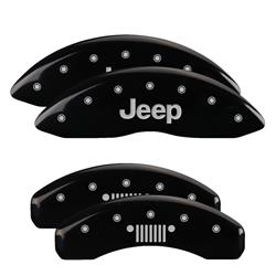 Brake Caliper Covers, Clip-on, Aluminum, Black Powdercoated, Jeep Logo Front, Jeep Grille Logo Rear, Jeep, Set of 4