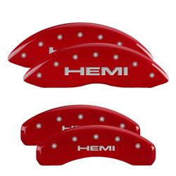 Brake Caliper Covers, Clip-on, Aluminum, Red Powdercoated, Hemi Logo, Ram, Set of 4