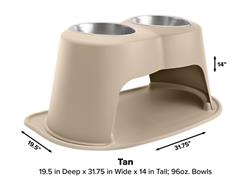 Pet Feeding System, Double High, Stainless Steel Bowls, 12 Cup Capacity, 96 oz. Bowls, Tan, Plastic, 14.0 in. Height, Each