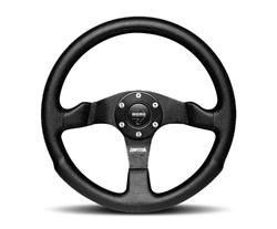 Steering Wheel, Competition, 3-spoke, Black Leather Grip, Black Anodized Aluminum Spokes, 13.780 in. Diameter, Each