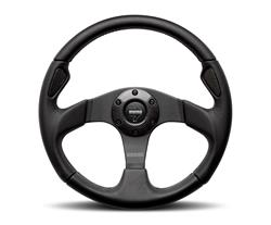 Steering Wheel, Jet, 3-spoke, Black Leather Grip, Black Anodized Aluminum Spokes, 13.780 in. Diameter, Each