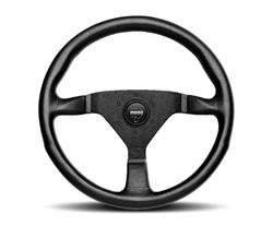 Steering Wheel, Monte Carlo, 3-spoke, Black Leather Grip, Black Anodized Aluminum Spokes, Black Stitching, 12.598 in. Diameter, Each