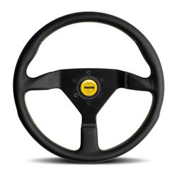 Steering Wheel, Monte Carlo, 3-spoke, Black Leather Grip, Black Anodized Aluminum Spokes, Yellow Stitching, 13.780 in. Diameter, Each