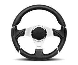 Steering Wheel, Millenium, 3-spoke, Black Leather Grip, Silver Aluminum Spokes, 13.780 in. Diameter, Each