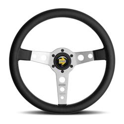 Steering Wheel, Prototipo, 3-spoke, Black Leather Grip, Brushed Aluminum Spokes, White Stitching, 12.560 in. Diameter, Each