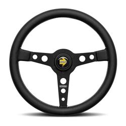 Steering Wheel, Prototipo, 3-spoke, Black Leather Grip, Black Anodized Aluminum Spokes, White Stitching, 12.560 in. Diameter, Each