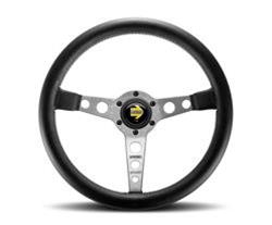 Steering Wheel, Prototipo, 3-spoke, Black Leather Grip, Silver Aluminum Spokes, 13.780 in. Diameter, Each