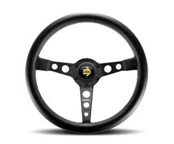 Steering Wheel, Prototipo, 3-spoke, Black Leather Grip, Black Anodized Aluminum Spokes, 13.780 in. Diameter, Each