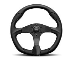 Steering Wheel, Quark, 3-spoke, Black Leather Grip, Black Anodized Aluminum Spokes, 13.780 in. Diameter, Each