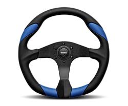 Steering Wheel, Quark, 3-spoke, Black/Blue Leather Grip, Black Anodized Aluminum Spokes, 13.780 in. Diameter, Each